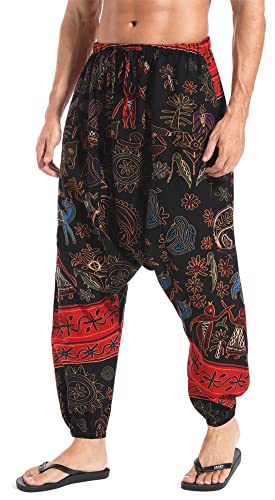 AITFINEISM Mens Casual Harem Pants Loose Hippie Boho Aladdin Yoga Pant (Large, Red)