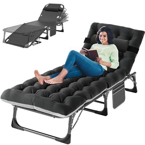 ABORON Lounge Chair, Portable Heavy Duty Chaise Chair, Adjustable Indoor Outdoor Chairs for Home Office Camping Relaxing Sleeping Nap (Sleeping chair, sleeping chaise-Atramentous Bed & Dark-black Pad)