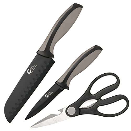 CuCut Kitchen Knife, 3 Pcs Knife Set with Multifunctional Kitchen Scissors, Santoku Knife, Paring Knife, Black Knife Set for Chef Paring Cutting Slicing Dishwasher Safe (Anti-Slip Handle)