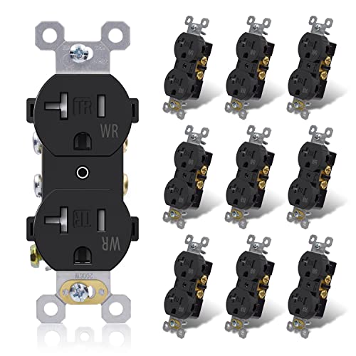 ELEGRP 20 Amp 125V Duplex Receptacle, Standard Electrical Wall Outlet, TR Tamper Resistant and WR Weather Resistant, 2 Pole 3 Wire, Self-Grounding, Residential Grade, UL Listed, Glossy Black, 10 Pack