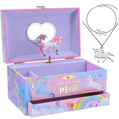 Jewelkeeper Unicorn Musical Jewelry Box for Little Girls - Kids Jewelry Box with Pullout Drawer - Music Jewellery Box with Necklace and Bracelet - Gift Set for Kids - Children's Jewellery Storage Case