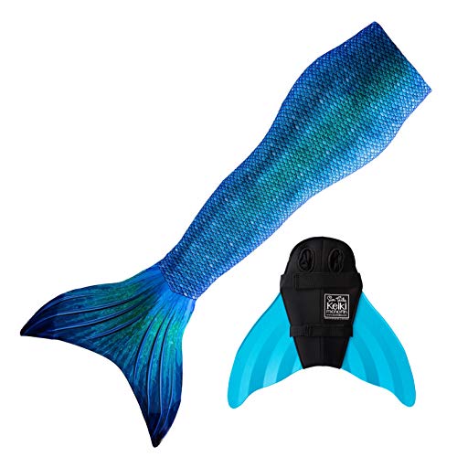 Sun Tails Mermaid Tail + Monofin for Swimming (Child XL 10-12, Blue Lagoon - Turquoise Monofin)