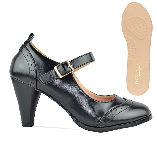Chase & Chloe Women's Round Toe Two Tone Mary Jane Pumps with Sole Dora2 Black/Black 6.5