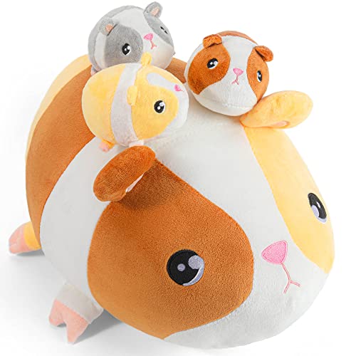 14inch Guinea Pig Stuffed Animals, Mama Hamster Plushie Pillow with 3 Cute Babies Guinea Pig Mouse Plush Toys, Birthday Christmas Surprise Gifts for Kids Girls Boys