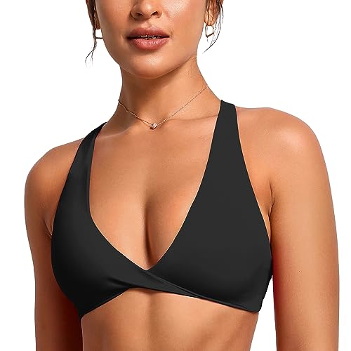 VANTONIA Womens Butterluxe Twist Front Sports Bra Deep V-Neck Crop Top Strappy Cross Back Bra with Nipple Covers-Vivi Bra Black Small