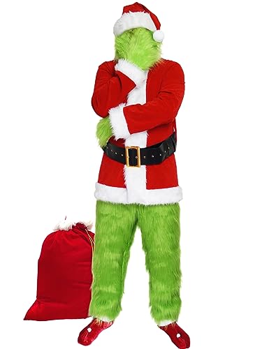 ADOMI Christmas Costume for Men Green Big Monster 8PCS Deluxe Adult Santa Suit Xmas Furry Outfit Set Halloween Holiday XL