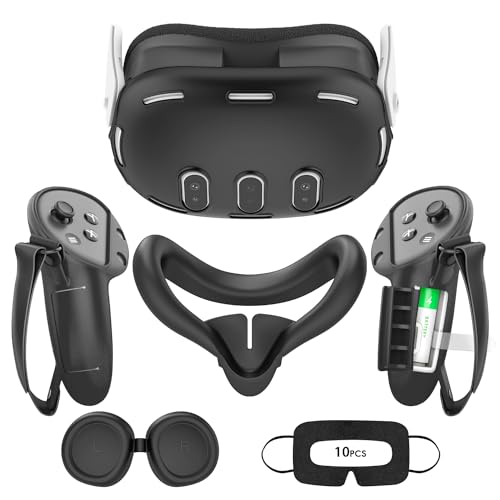 Tyasoleil VR Silicone Case for Meta Quest 3, Design Upgraded Accessories for Oculus Quest 3, Face Cover, Controller Grips, Shell Cover, Lens Cover, Disposable Eye Cover(Black)