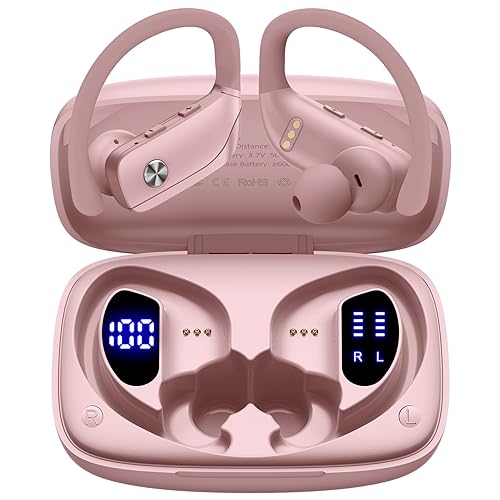bmani Wireless Earbuds Bluetooth Headphones 48hrs Play Back Sport Earphones with LED Display Over-Ear Buds with Earhooks Built-in Mic Headset for Workout Pink