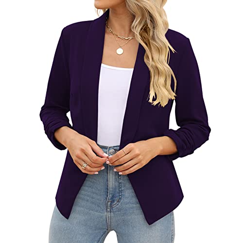 POGT Purple Blazer for Women,Formal Jackets Lightweight 3/4 Sleeve Office Blazer (L, Dark Purple)