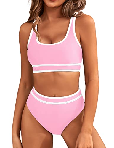 BMJL Women's High Waisted Bikini Sets Sporty Two Piece Swimsuit Color Block Cheeky High Cut Bathing Suits(L,Pink)