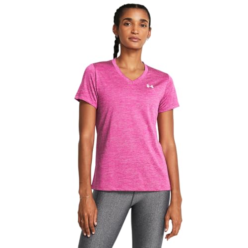 Under Armour Women's Tech Twist Short Sleeve V Neck, (652) Rebel Pink/Pink Elixir/White, Medium