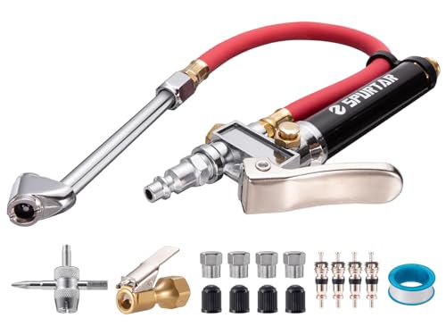 Spurtar 10-120 PSI Heavy Duty Tire Inflator Gauge Air Chuck with Pressure Gauge with 4 Way Tool and Valve Cores Tire Pressure Gauge with Inflator 12' Air Hose for Car Automotive Truck