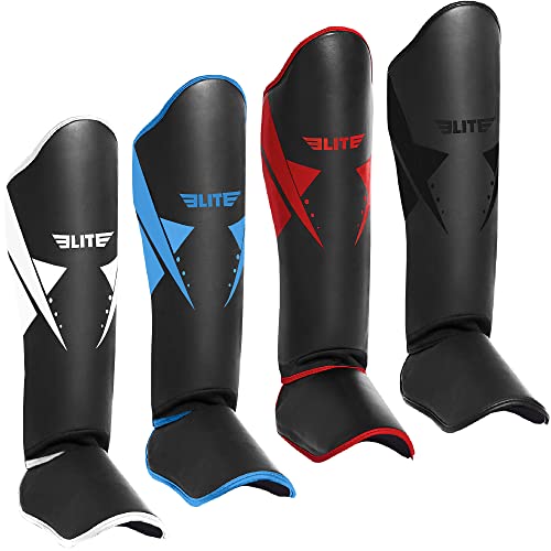 Elite Sports Muay Thai Shin Guards Kickboxing MMA Muay Thai Protective Shin Pad Leg Guards (Black, S-M)