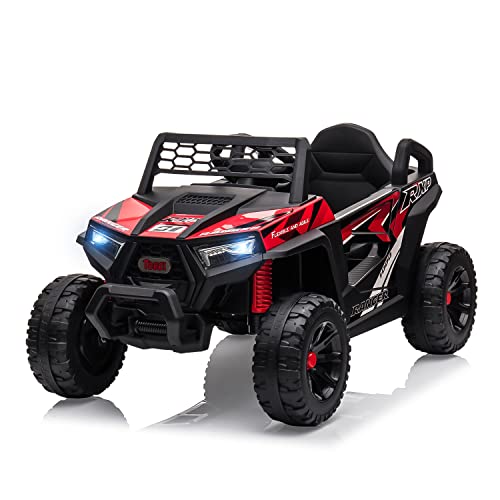 TOBBI 12V Kids Ride on Car, Electric Off-Road UTV Truck with Forward and Reverse Functions, Double Open Doors, Safety Belt, Horn, Music, and Lights for Kids Aged 3-5 Years (Red)