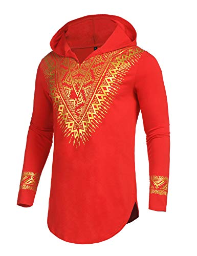 Pacinoble Mens African Dashiki Shirt Beautiful Gold Screen Print on The Front for African Wedding (Red XL)