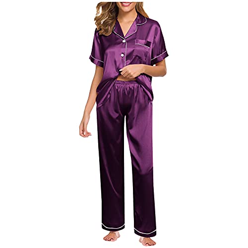 Pajamas for Women Set Summer Silk Satin Plus Size Nightgowns Sexy Loose Comfy Casual Short Sleeve Tops and Pants Suits Purple