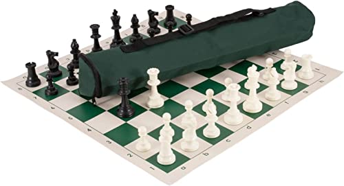 U.S. Chess Quiver Chess Set- Triple Weighted- Green- 21' x 6' Quiver Chess Bag, Regulation Vinyl Chess Board, Traditional Staunton pattern, 3.75' king, additional queens, 2.25' squares