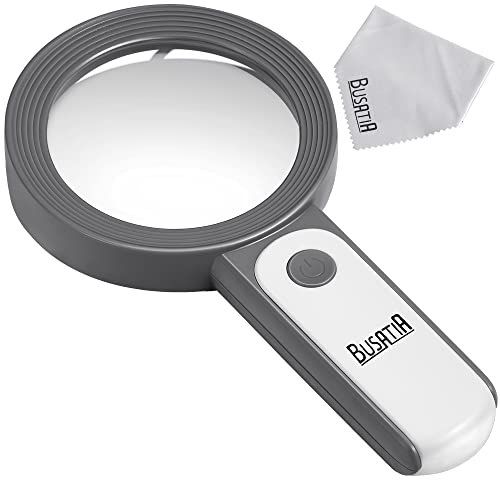 BUSATIA Magnifying Glass 30X, 18LED Handheld Magnifying Glass with Light, 4in Large Glass Magnifier with 3 Modes, Illuminated Magnifying Glass for Reading, Hobbies - with a Lens Cloth (White + Grey)