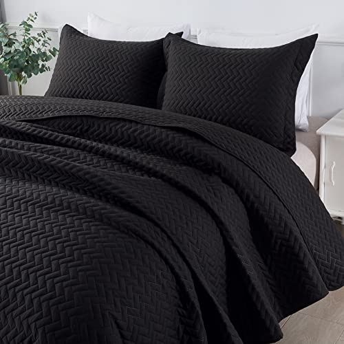 DOWNCOOL Black Queen Quilt Bedding Set with 2 Pillow Cases - 3 Pieces Quilts Queen Size Sets - Lightweight Soft Bedspread Coverlet Bed Cover for All Season - Queen Quilt Sets(90'x96')