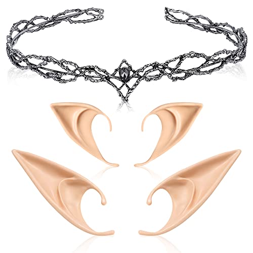 FRESHME Elf Ears with Fairy Crown Set 2 Pairs Soft Elf Ears with Pixie Headband Headpiece Kit Cosplay Costume Accessories Silver Tiara for Women Girls Halloween Renaissance Dress Up Valentines Day Gift