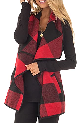 YACUN Women Buffalo Plaid Vest Lapel Open Front Sleeveless Cardigan Jacket Coat Outerwear with Pockets Red S