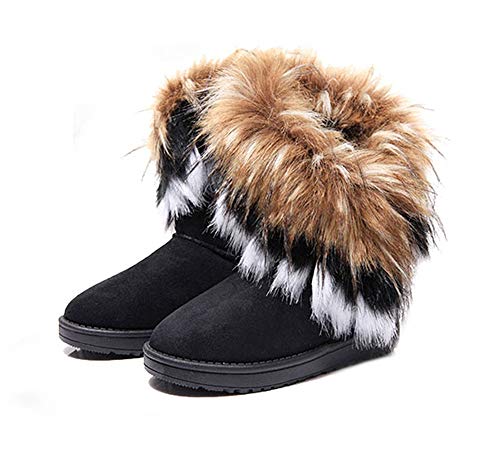 King Ma Women's Faux Fur Tassel Winter Snow Boot Suede Flat Ankle Boots (black, numeric_10)