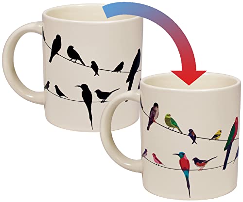 The Unemployed Philosophers Guild Birds on a Wire Heat Transforming Color Changing Reveal Mug - Add Coffee and Colorful Birds Appear, Comes in a Fun Box, 12 oz