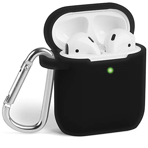 GMYLE AirPods Case Cover with Keychain, [Front LED Visible] Silicone Full Protective Wireless Charging Airpods Earbuds Case Cover Skin Accessories kit Set Compatible for Apple AirPod 2 & 1 – Black