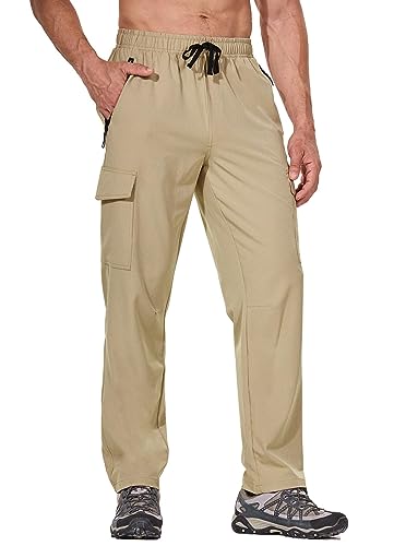 BALEAF Men's Hiking Pants Cargo Quick Dry Water Resistant Elastic Waist Straight Leg Lightweight UPF50+ for Work Tannin Size L