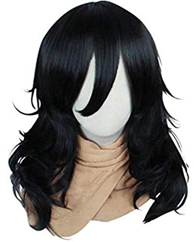 Anogol Hair Cap+Cosplay Wig Long Wavy Bangs Synthetic Hair Black Wigs For Women Men Dress Up Wig For Anime Cartoon Costume Party Wig For Halloween Wig For Christmas Wig