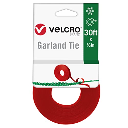 VELCRO Brand Holiday Garland Ties or Cable Straps | Hang Garlands, Lights or Wreath | for Banister, Railings, Stairs or Lamp Posts | 30ft Roll Cut to Custom Length | Red