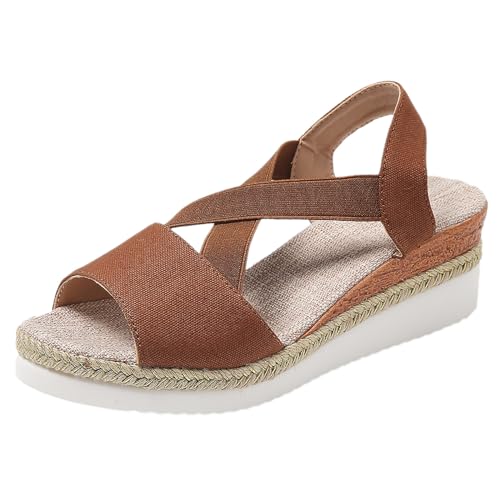 Shengsospp summer Weave sandals for women 2024, Open Toe Elastic Band Strap Wedges sandals platform comfortable Solid Sandal Brown, 6.5