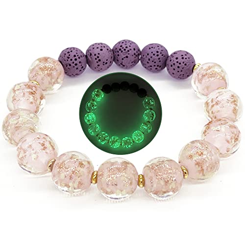ARTSY Crafts Glow in The Dark Firefly Beads Bracelets, Pink Murano Glass Beads Firefly Jewelry, Mermaid Bracelet, Inspirational Healing Crystals Bracelets Stackable Bangle Wristband (Pink Gold 6-7')
