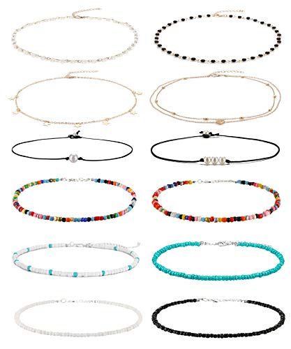 Wremily 4-12 Pieces Beaded Choker Necklaces for Women Girls Boho Seed Bead Choker Set Hawaiian Handmade Turquoise Beach Beads Necklace Chain Jewelry