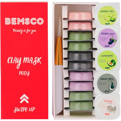 BEMSCO Clay Mask For Face - Black Head Remover For Face - Pore Cleaner - Dark Spot Remover - Skin Care Set - Facial Mask For Women & Men - Face Masks Skincare 10 Pods With Face Brush