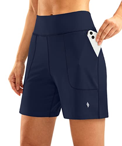 SANTINY Women's 6'' Athletic Long Shorts with 4 Pockets High Waisted Bermuda Shorts for Women Walking Running Casual (Navy_L)