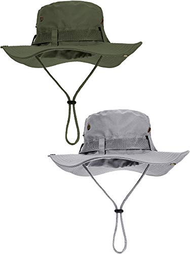 2 Pieces Cotton Safari Hat Wide Brim Fishing Cap Foldable Boonie Hat Double Sided Outdoor Sun Hat for Men and Women (Arm Green, Light Grey)