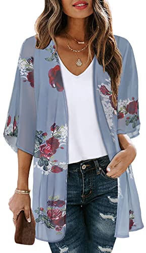 Women's Floral Print Short Sleeve Shawl Chiffon Kimono Cardigan Casual Blouse Tops(Purple Grey XL)