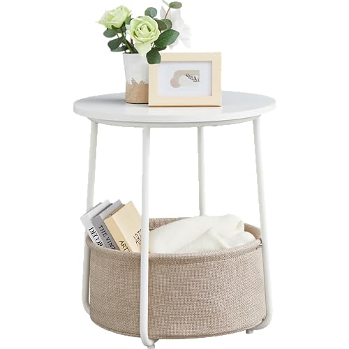 VASAGLE Small Round Side End Table, Modern Nightstand with Fabric Basket, Matte White and Camel Brown ULET223W10