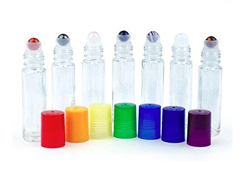 Grand Parfums CHAKRA HEALING SET of Natural Gemstone Roller Balls, in Clear Glass 10ml Glass Roller Bottles with Chakra Colored Caps for Easy Identification
