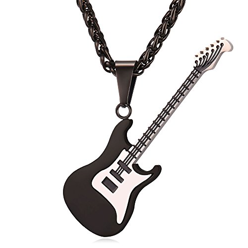 U7 Men Women Music Lover Gift Ion-plating Black Stainless Steel R&B Rock Electric Bass Guitar Pendant Necklace, Chain 22'