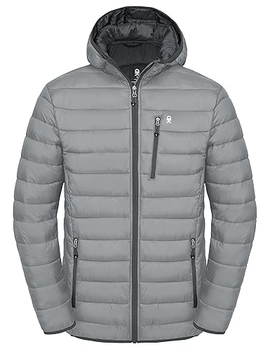 Little Donkey Andy Men's Packable Lightweight Puffer Jacket Hooded Windproof Winter Coat with Recycled Insulation Light Grey L