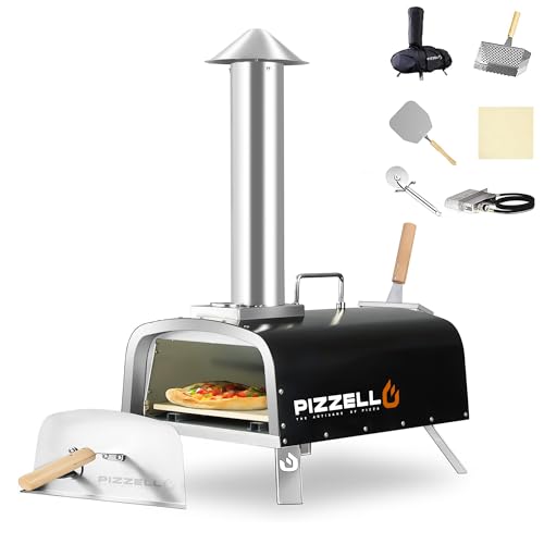 PIZZELLO 12' Outdoor Pizza Oven Propane & Wood Fired Pizza Maker Multi-Fuel Pizza Ovens with Gas Burner, Wood Tray, Stone, Pizza Peel, Cover, Forte Gas (Black)