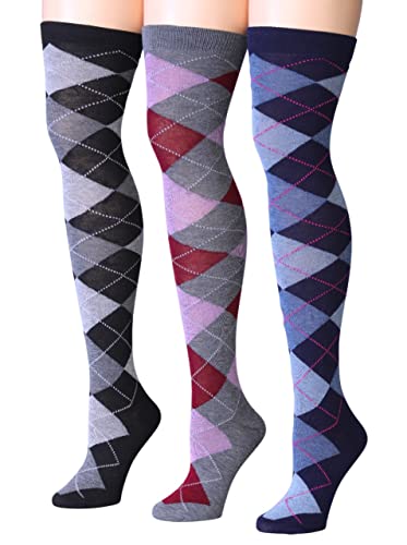 Isadora Paccini Women's 3 Pairs Argyle Fusion Maroon Grey Black Blue Symmetry Over The Knee High Socks, FV810-A-T1
