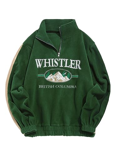 ZAFUL Men's Letter Mountain Vintage Pullover Embroidery Polar Fleece Quarter Zip Sweatshirt (3-Deep Green, L)