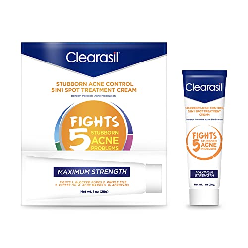 Clearasil Stubborn Acne Control 5in1 Spot Treatment Cream, Maximum Strenght with 10% Benzoyl Peroxide, Acne Medication, 1 oz