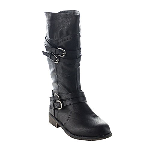 Lucky Top Fay-42K Children Girl's Classical Block Heel Buckle Knee High Riding Boots,Black,11