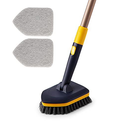 Yocada Tub Tile Scrubber Brush 2 in 1 Cleaning Brush 58.2' Adjustable Telescopic Pole Stiff Bristles Scouring Pads for Cleaning Bathroom Kitchen Toilet Wall Tub Tile Sink Non-Scratch