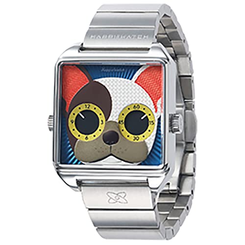 HappieWatch Bulldog Duke Embossed Dial Quartz Wristwatch Stainless Case Sapphire Crystal Fashion Timepiece with Silicone and Stainless Steel Strap (41 * 39mm)