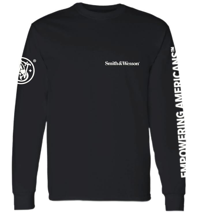 Smith & Wesson Officially Licensed Men's 100% Cotton Long Sleeve Graphic Tee Empowering Americans T-Shirt with S&W Chest and Arm Logo (Large, Black)
